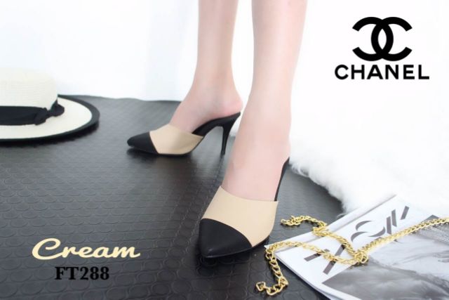 รองเท้าส้นเข็มแบบเปิดส้น-chanel-style-หัวแหลม-แต่งสีทูโทน-สูง-3-นิ้ว