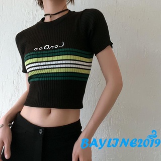 Bay-เสื้อยืดครอปท็อปแขนสั้น คอกลม ผ้าถัก ลายทาง แนวสตรีท เหมาะกับฤดูร้อน สําหรับผู้หญิง