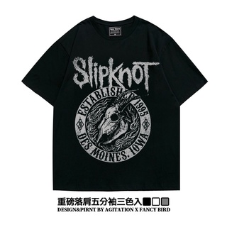 เสื้อยืดผ้าฝ้าย∈☄Ami สีกากี American Heavy Slipknot Rock Fall สไตล์ไหล่ห้าจุดแขน Oversize เสื้อยืดผู้ชายฤดูร้อนL XL  XXL