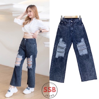 SSB jeans กางเกงยีนส์ทรงกระบอกแต่งขาด สีสโนว์ดำ