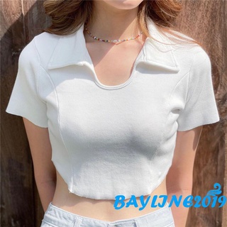 Bay- เสื้อครอปท็อป แขนสั้น ลําลอง โชว์สะดือ สีพื้น แฟชั่นฤดูร้อน สําหรับผู้หญิง