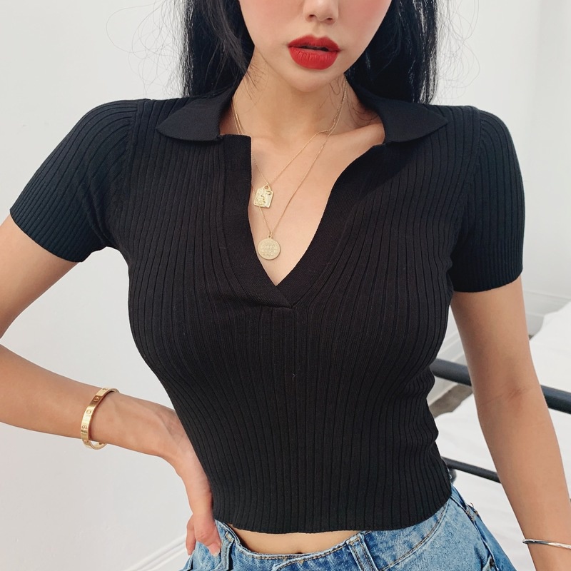 anna-3008เสื้อครอปผู้หญิง-เสื้อครอปครึ่งตัว-อกv-น่ารักมากอผ้าคัตตอน-crop-top-เสื้อครอปแขนสั้น