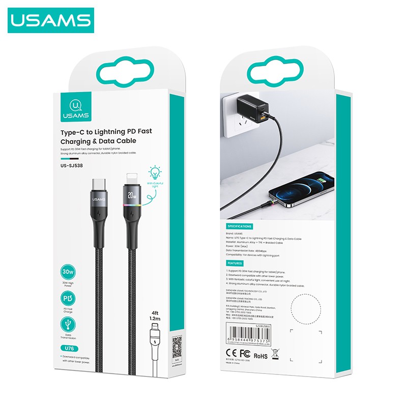 ภาพสินค้าUsams PD 100W 6A สาย USB Type C IP ไฟแสดงสถานะ LED ที่มีสีสัน สายแสงโทรศัพท์แล็ปท็อปแท็บเล็ตสายชาร์จเร็ว จากร้าน usams.official.store.th บน Shopee ภาพที่ 8