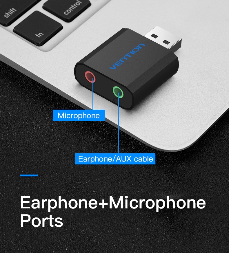 ภาพที่ให้รายละเอียดเกี่ยวกับ Vention การ์ดเสียงสเตอริโอ และไมโครโฟน 3.5 มม. สีดำ USB เป็นเสียง คอมพิวเตอร์ เชื่อมต่อกับไมโครโฟนของชุดหูฟัง