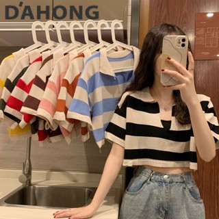Dahong 💖 เสื้อครอป 5958-1 ท็อป เสื้อ ครอปคอปกหน้าวีลายทางแขนสั้นสุดฮิต มีให้เลือกหลายสี