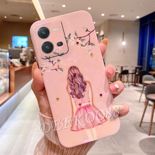 เคสโทรศัพท์มือถือ วีโว่ VIVO V25 V25e Y02S Y16 Y22 Y22S Y35 4G 5G Handphone Casing Rhinestone Bling Girls Back View Flower Glitter Cartoon Phone Case Back Cover VIVOV25 VIVOV25e VIVOY35 VIVOY16