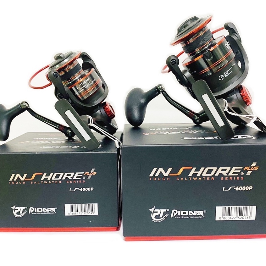 รอกตกปลา-pioneer-inshore-plus-แดงดำ-แขนเกลียว-สปูนอลูมิเนียม