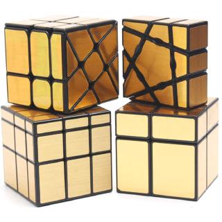 XIAORUI 4 Pack Speed Cube Bundle of 1x3x3 Ghost Cube +2x2x2 & 3x3x3 Mirror Cube + Wheel Cube Irregular Mirror Stickers Magic Cubes Set (Gold)