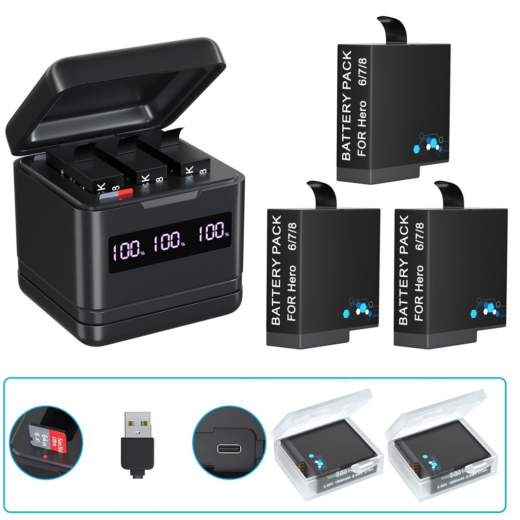 gopro-hero-8-7-6-5-battery-usb-และ-type-c-fast-charger-พร้อมฟังก์ชั่นเครื่องอ่านการ์ด-sd-ความเร็วสูง-สำหรับ-gopro-hero