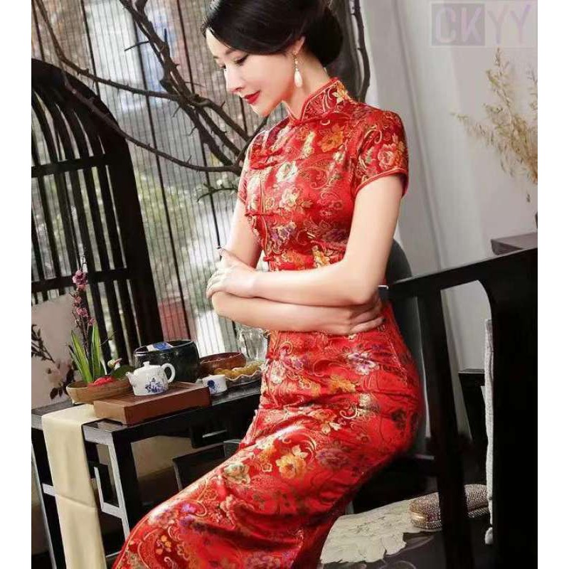 ชุดจีน-ชุด-cheongsam-คลิปด้านข้างสีแดงชุดจีน-กระโปรงยาว