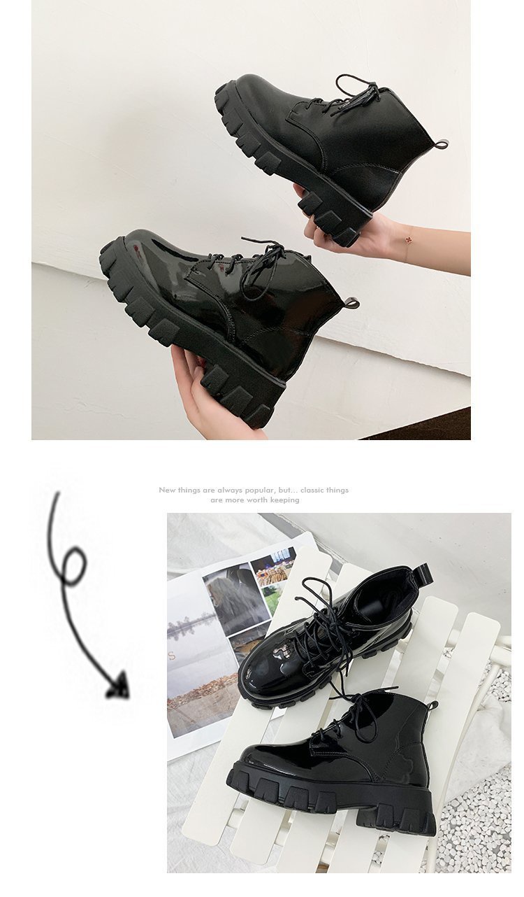 ภาพประกอบคำอธิบาย รองเท้าบูทมาร์ติน ส้นสูง พื้นหนา แบบผูกเชือก สีคอนทราสต์ สไตล์เกาหลี สําหรับผู้หญิง