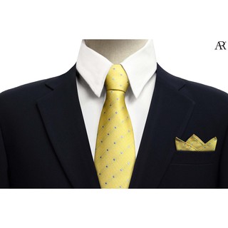 ANGELINO RUFOLO Set Necktie(เนคไท)+Pocket Square(ผ้าเช็ดหน้าสูท) ผ้าไหมทออิตาลี่คุณภาพเยี่ยม ดีไซน์ Spot สีเหลือง/กรมท่า
