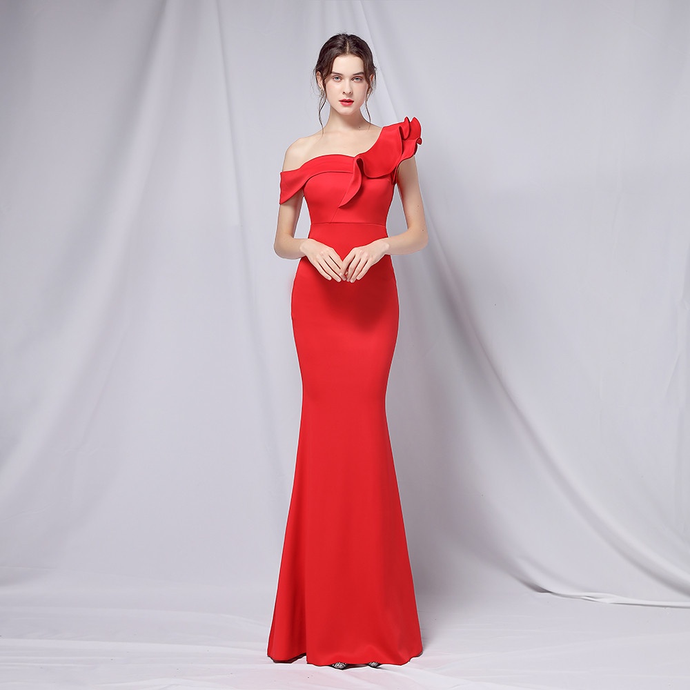 เดรสราตรียาวเปิดไหล่ข้างเดียว เซ็กซี่หรูหรา ใส่สบาย ไม่บีบ ไซส์S-XXL มุมมองที่ 5