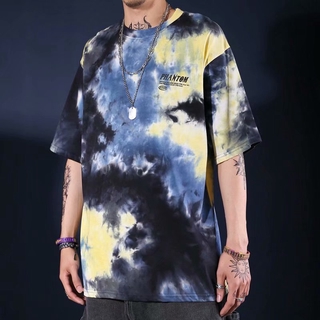 Yuansuo เสื้อยืดมัดย้อม แขนสั้น พิมพ์ตัวอักษรสีดำ ทรงหลวม สไตล์ฮิปฮอป สำหรับผู้ชายและผู้หญิง