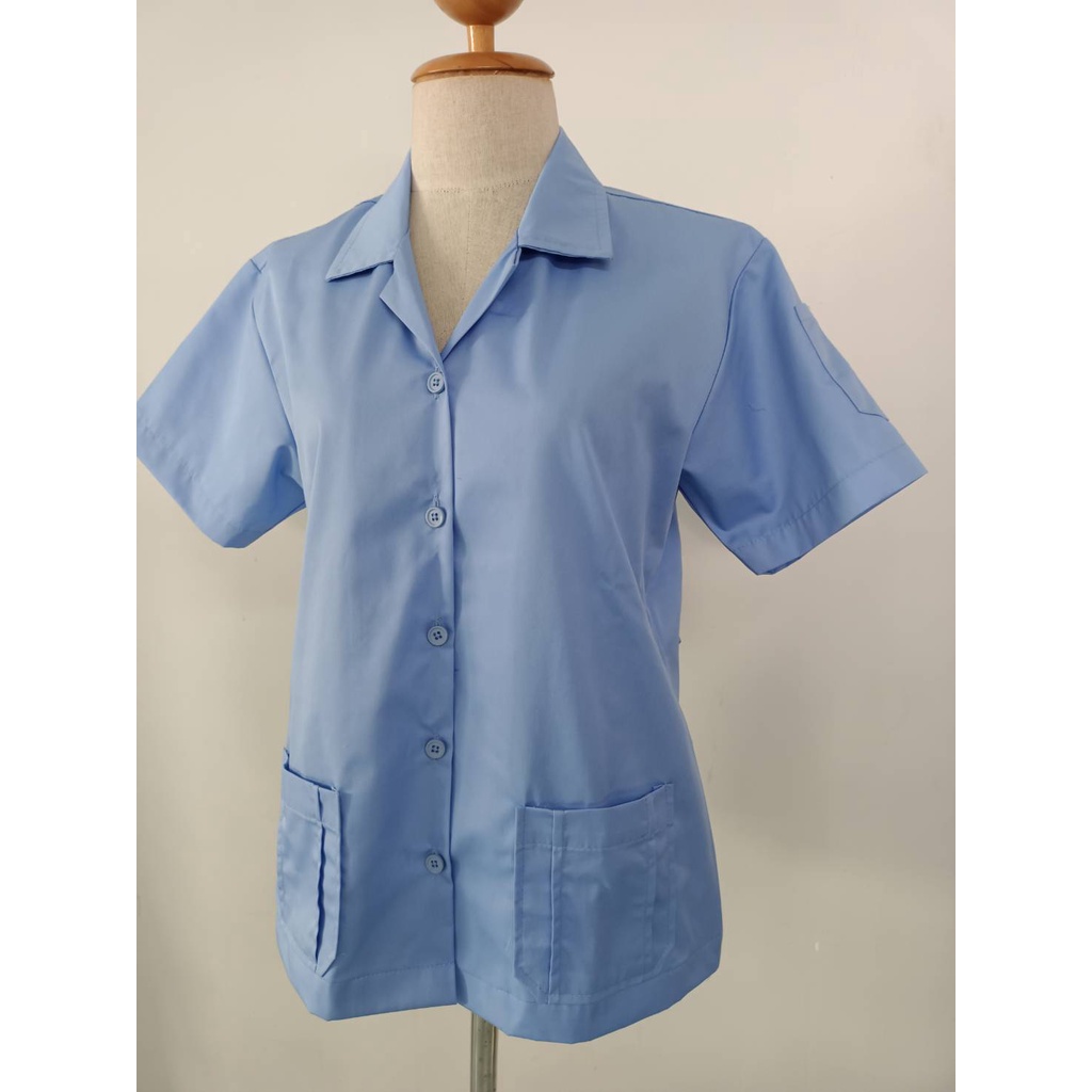 เสื้อช็อปหญิง-สีฟ้า-เสื้อกาวน์ฟ้า-ซาฟารีหญิง-สาธรณสุขสีฟ้า-ไม่มีโลโก้-ผ้าค้อตต้อน-ไม่ร้อนจากโรงงานในไทย