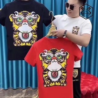 ☌✉สุทธิสีแดงสไตล์จีนใหม่ปีแขนสั้นผู้ชายน้ำยี่ห้อ tiger พิมพ์เสื้อยืดสีแดง spirit guy slim รอบคอครึ่งแขน
