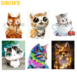 DROFE ภาพวาดระบายสีตามตัวเลข DIY ลายแมวน่ารัก สำหรับตกแต่งบ้าน ขนาด 50X40 ซม.