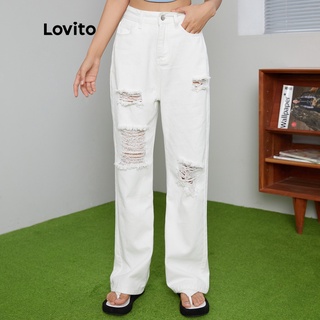 สินค้า Lovito กางเกงยีนส์สีพื้น ขาตรง แต่งขาด สไตล์ลำลอง L27AD143 (สีขาว)