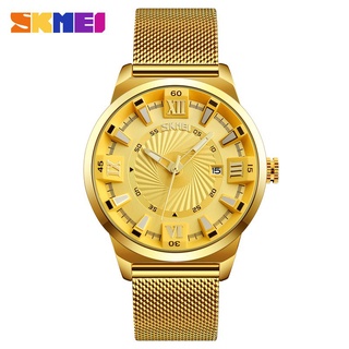 Skmei 9166 นาฬิกาข้อมือควอตซ์แฟชั่น สายสแตนเลส สีทอง กันน้ํา หรูหรา สไตล์นักธุรกิจ สําหรับบุรุษ