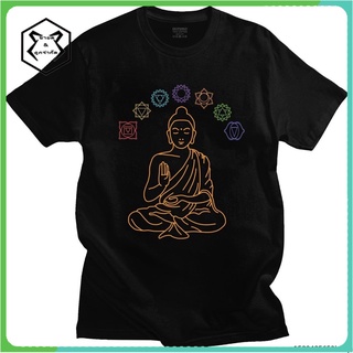 เสื้อยืดคอกลมแขนสั้นพิมพ์ลาย Seven Chakras Meditating Buddha สําหรับผู้ชาย