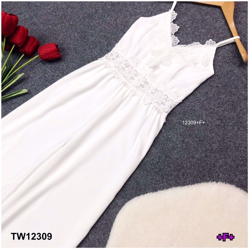 tw12309-จั้มสูทสายเดี่ยวขายาว-อกกับเอวแต่งลูกไม้-งานจั้มผ้าซาร่า-มีซิปหลัง-งานสวย