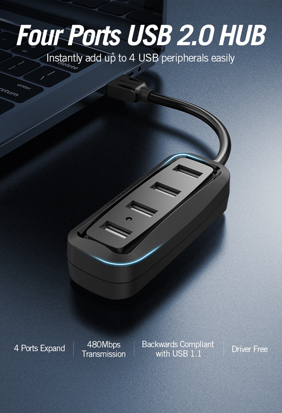 ภาพประกอบคำอธิบาย Vention ฮับ USB 2.0 ความเร็วสูง มี 4 พอร์ต ฮับ USB เชื่อมต่อจากด้านบน สำหรับพีซี แล็ปท็อป คอมพิวเตอร์ เครื่องอ่านบัตร เมาส์ คีย์บอร์ด