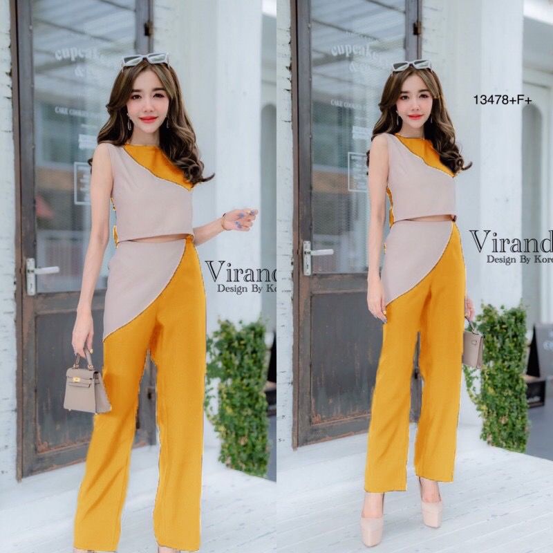 tw13478set-เสื้อครอปแขนกุด-กางเกงขายาว-ตัดต่อสีทูโทน-เนื้อผ้าซาร่า-งานเรียบหรู-งานน่ารัก-งานดีไซน์เก๋-ใส่ได้หลายโอกาส