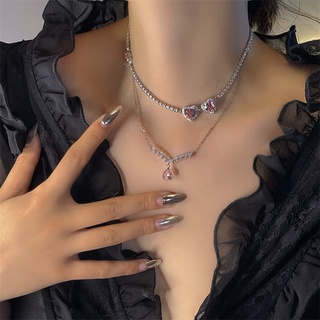 Wind-encrusted diamond crystal love water drop double-layer necklace temperament design pendant pendant for women for gi