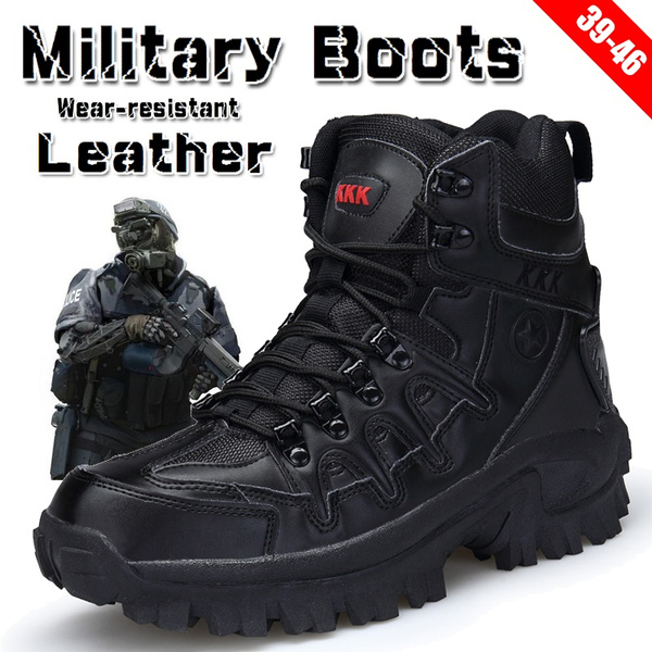 ภาพหน้าปกสินค้าMens Military Tactical Boots Outdoor Combat Leather Army Boots Hiking Shoes Men Trekking Sport Ankle Boots