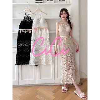 Cici ❣🇹🇭🚚พร้อมส่ง❣(NO.CT55/CC456) Set เสื้อบราถักผูกหลัง+กระโปรงยาว ตาข่าย งานสวยงานแซ่บใส่ไปทะเลสุดปัง