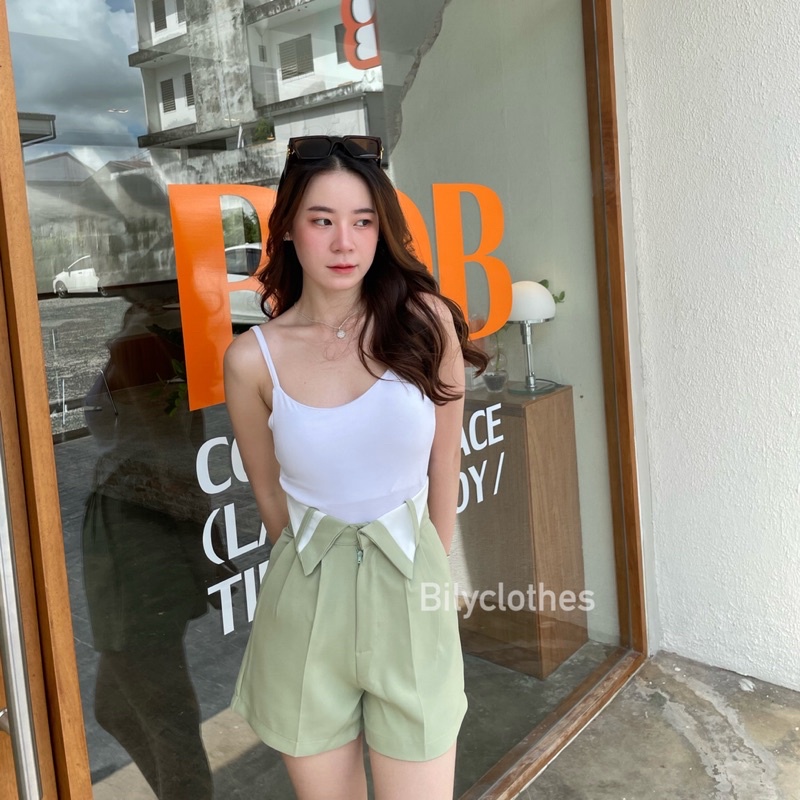 พร้อมส่ง-กางเกงขาสั้นผู้หญิง-ตะขอหน้าพับเอว-ทรงใหม่มาแรง-ผ้าเคนนี่เอวสูงเก็บพุง