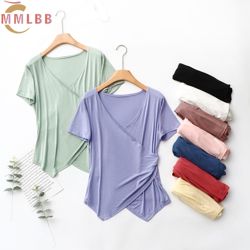 พร้อมส่ง-เสื้อยืดลําลอง-คอวี-ผ่าข้าง-ทรงไม่สมมาตร-แบบบาง-สไตล์เกาหลี-สําหรับสตรี