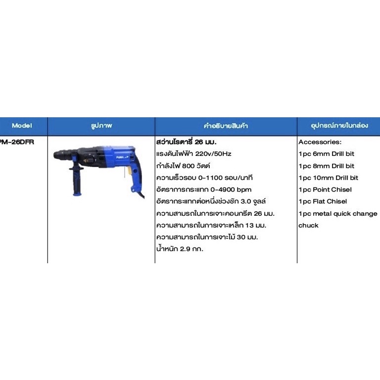 puma-tools-thailand-สว่านโรตารี่-pm-26dfr-สินค้าใหม่จาก-แบรนด์-puma-เครื่องอัดลม-มาทำpower-tools-คุณภาพสูง