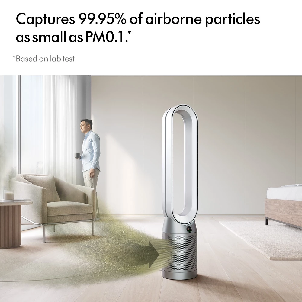 Dyson รุ่น TP07 เครื่องฟอกอากาศและพัดลมไร้ใบพัด (สีขาว/เงิน) ระบบกรอง HEPA H13 ปิดผนึก ดักจับฝุ่น PM2.5 และสารก่อภูมิแพ้ ควบคุมผ่านแอปพลิเคชัน