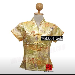 WM3304 เสื้อจีนผู้หญิง คอวี ลายดอกโบตั๋นและสัญลีกษณ์จีน