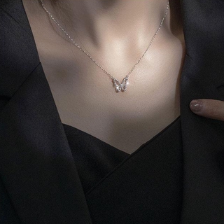สร้อยคอ Fashion Butterfly Necklace Rhinestone Chain Silver Color Clavicle Necklace Animal Korean Jewelry