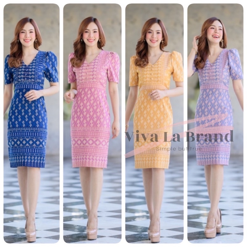 เดรสลายขอพระราชทาน V86 ผ้าทออัดกาว ไม่ยับ ดูแพง 6 สี 5 ไซส์