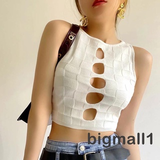 Bigmall- เสื้อกล้ามลําลอง แขนกุด ผ้าถัก ลายสก๊อต สีพื้น สําหรับผู้หญิง