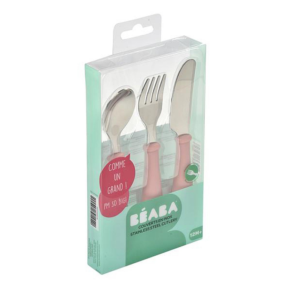 beaba-ชุดช้อนส้อมและมีด-stainless-steel-training-cutlery-knife-fork-spoon-light-pink