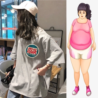 【Plus Size】เสื้อยืดคอกลม แขนสั้น พิมพ์ลาย ทรงหลวม โอเวอร์ไซซ์ สําหรับผู้หญิง (40-150 กก.)