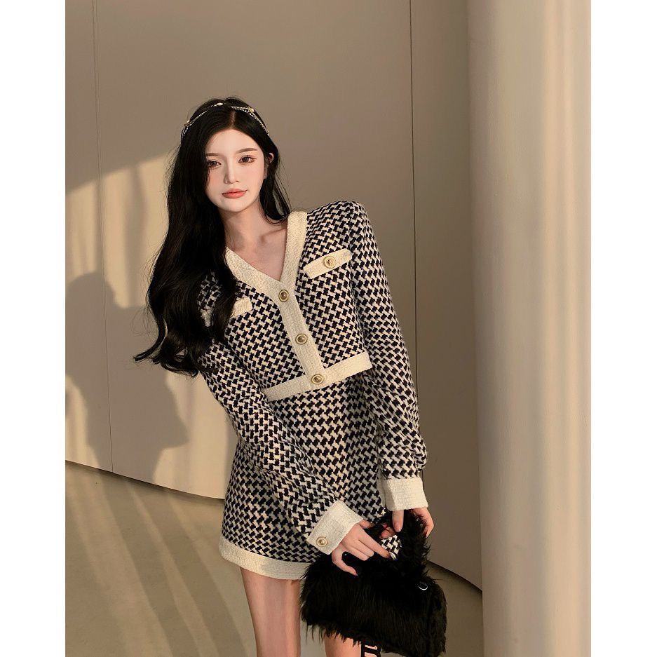 ชุดเซ็ต-2-ชิ้น-เวอร์ชั่นเกาหลี-เสื้อแขนยาวผ้าทวีต-กระโปรงเอวสูง-houndstooth-ดูแพง