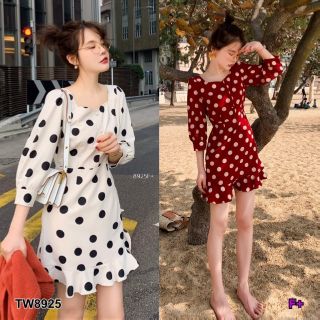 &lt;TW8925&gt;เดรสสั้น ลายจุดใหญ่ แขนศอก มีซิปซ่อนด้านหลัง ชายเดรสแต่งระบาย + สายผูกเอวเก็บทรงชุด