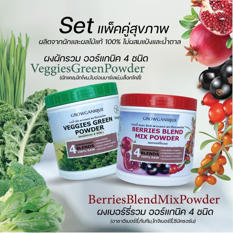 ภาพสินค้าGROWGANIQUE  ผงผักรวม ออร์แกนิค และ ผงเบอร์รี่รวม ออร์แกนิค Superfood ขนาด 100 กรัม 2 ซอง (แพ็คเก็จใหม่) จากร้าน growganique บน Shopee ภาพที่ 1