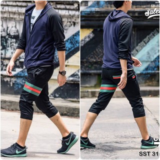 SST315GC กางเกง JOGGER สามส่วน เท่โดนใจ สีดำแถบเขียวแดง