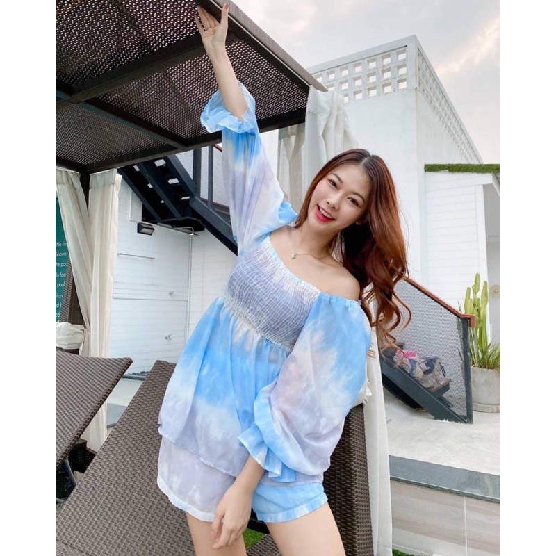 ชุดเซ็ทเสื้อสม๊อคพร้อมกางเกงลายมัดย้อม