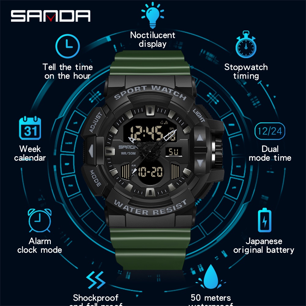 ภาพสินค้าSANDA แบรนด์ชั้นนำหรูหราผู้ชายแฟชั่นนาฬิกาสปอร์ตกันน้ำ Chronograph จอแสดงผล LED ผู้ชายนาฬิกาดิจิตอล จากร้าน cowerr.th บน Shopee ภาพที่ 6