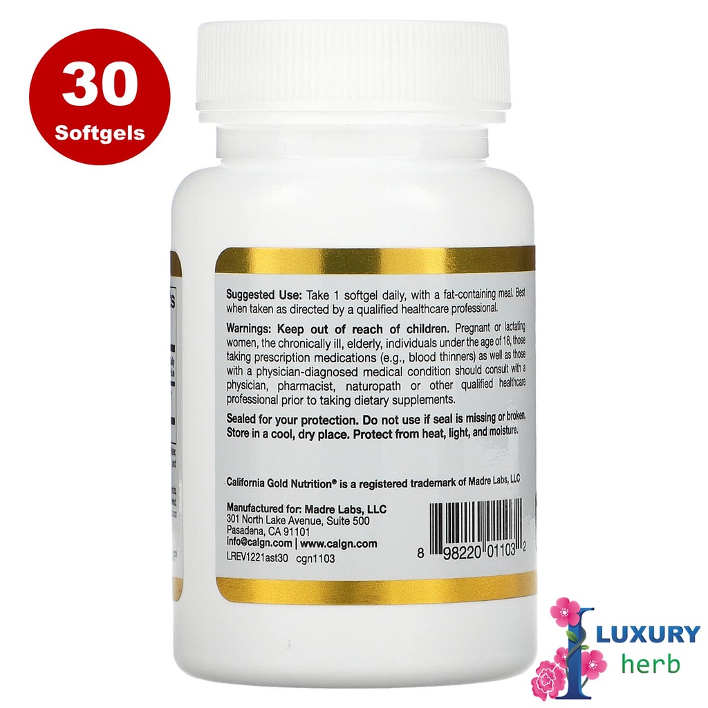 ภาพสินค้าCalifornia Gold Nutrition Astaxanthin 12 mg pure icelandic Astraxanthin 30/120 softgels จากร้าน iluxuryherb บน Shopee ภาพที่ 3