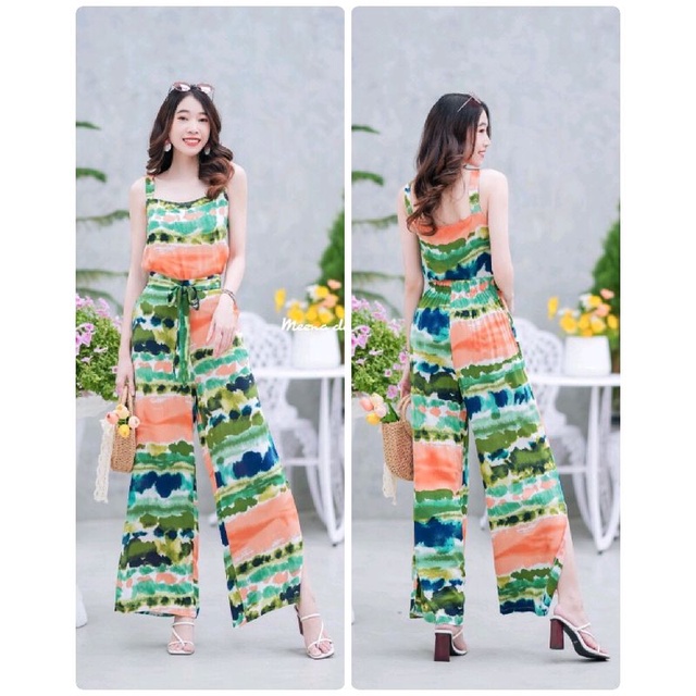 set-2-ชิ้น-ลายมัดย้อมเสื้อสายเดี่ยวลายมัดย้อมสปัน-ทรงปล่อย-ใส่สบาย-กางเกงขายาวดีเทลผ่าด้านข้าง-เอวยางยืดด้านหลัง