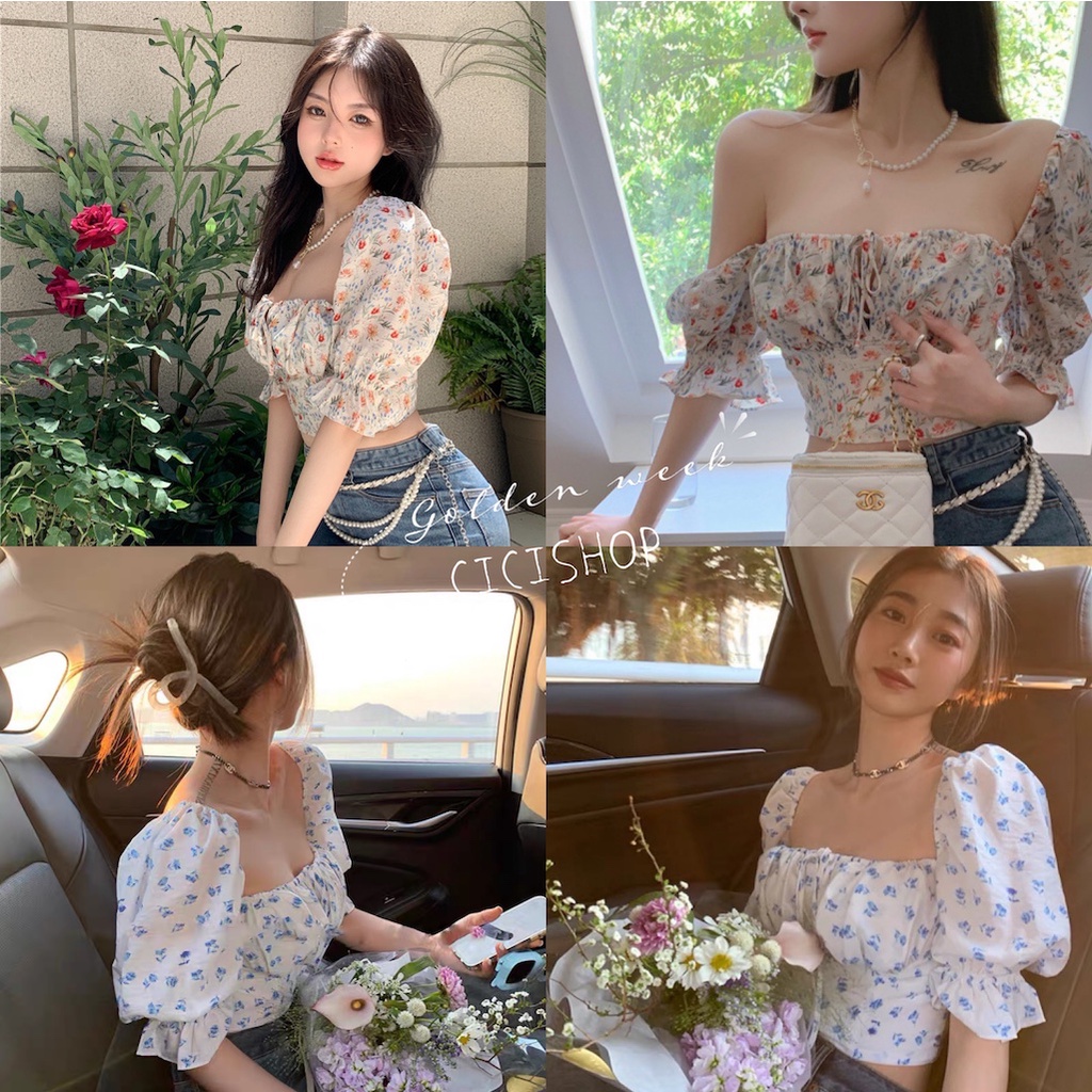 cicishop-1717-เสื้อครอปแขนยาวคอเหลี่ยม-เชือกผูกโบว์ลายดอกไม้-สวยแซ่บน่ารัก-สายคาเฟ่ๆแบบชิคๆ