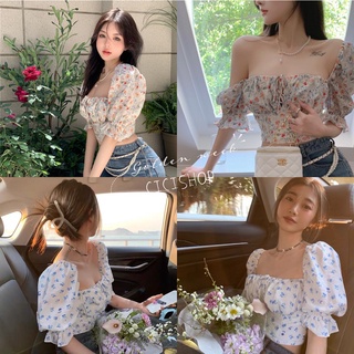 Cicishop(1717)เสื้อครอปแขนยาวคอเหลี่ยม เชือกผูกโบว์ลายดอกไม้ สวยแซ่บน่ารัก สายคาเฟ่ๆแบบชิคๆ